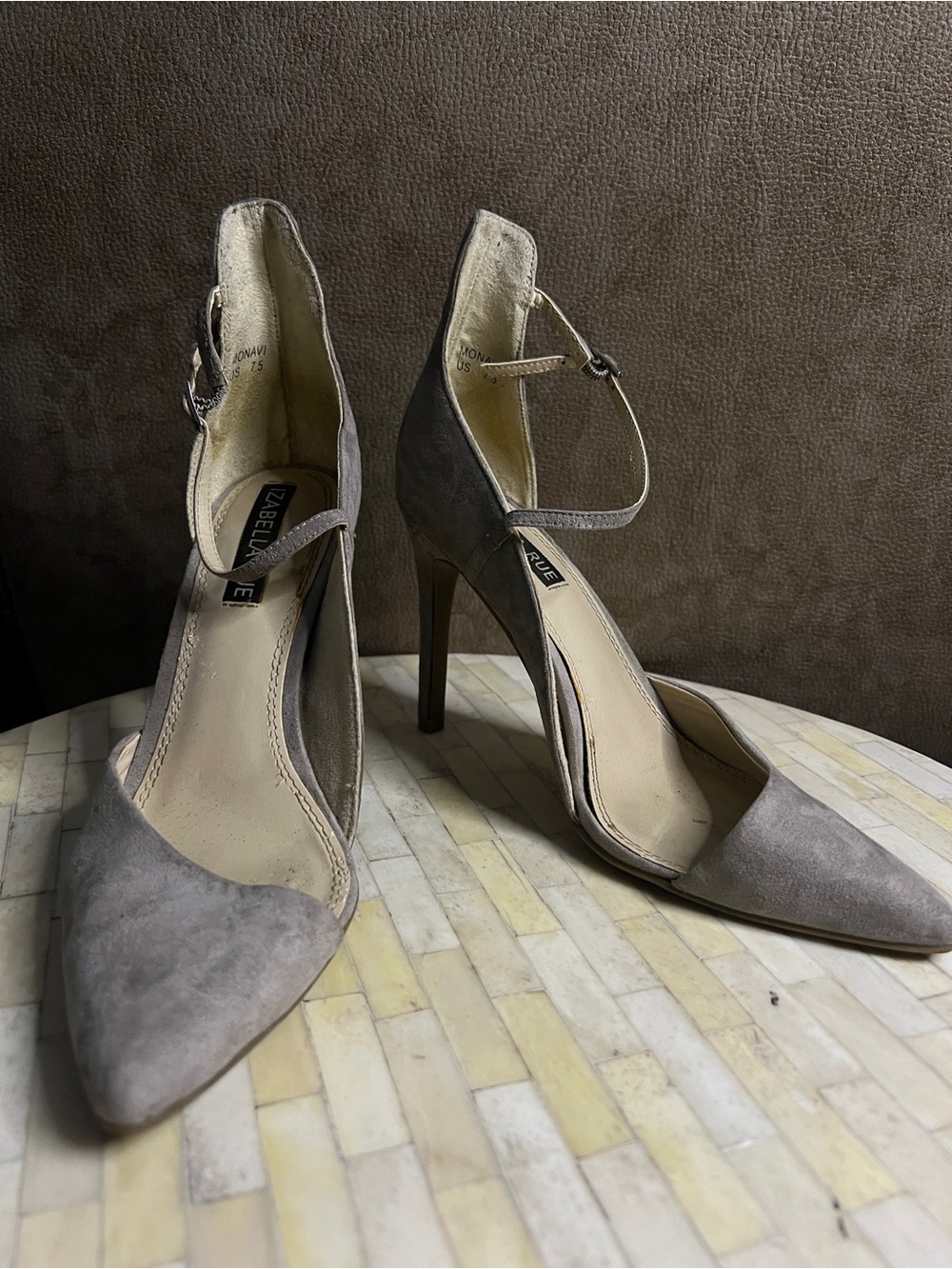 Izabella Rue Gray Suede Pointed-Toe Ankle-Strap Heels